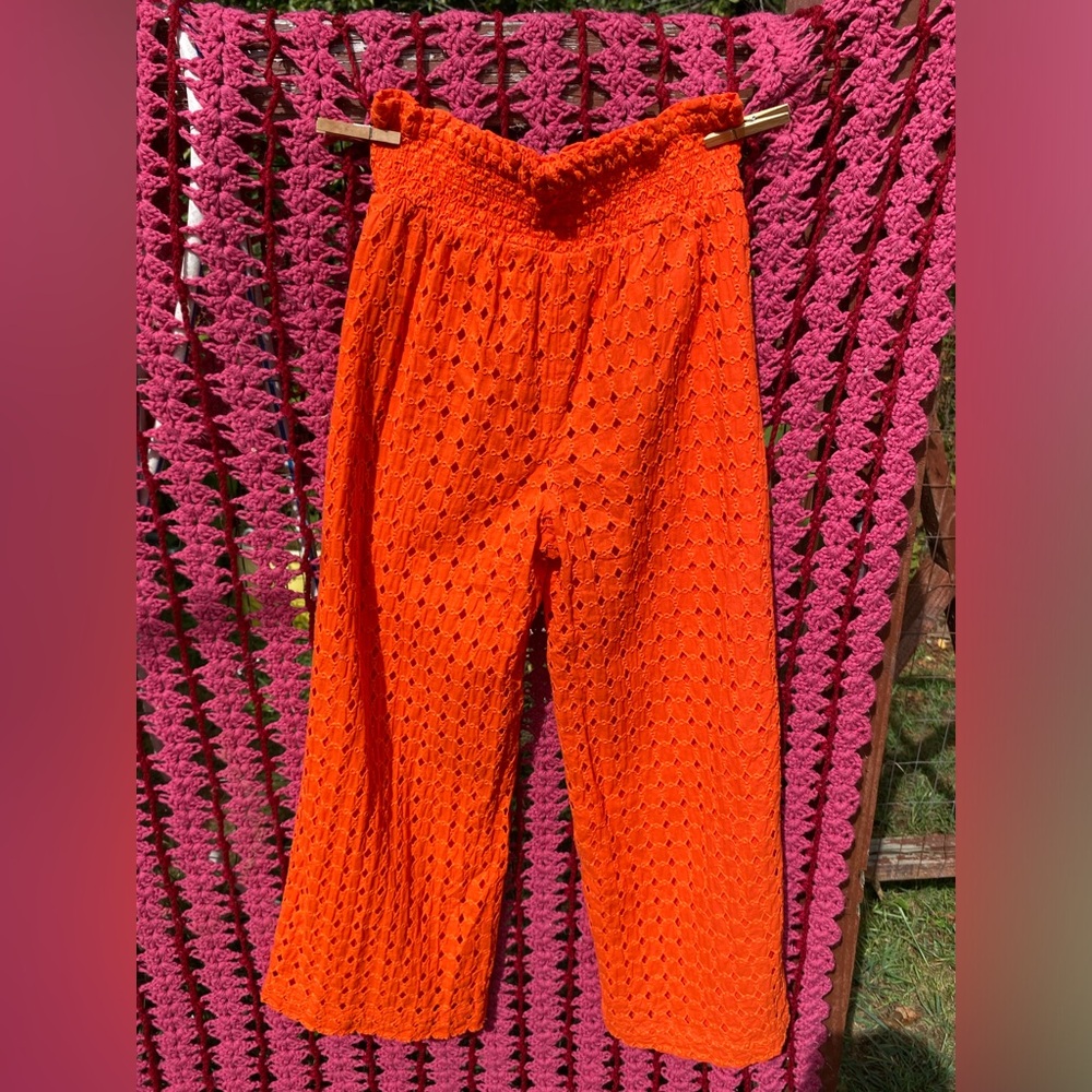 Anthro Maeve vibrant orange diamond eyelet over liner paper bag pants size M